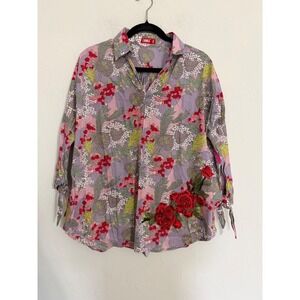 Change Womens Purple Floral Embroidered Rose Button Down Shirt Tie Cuff Small